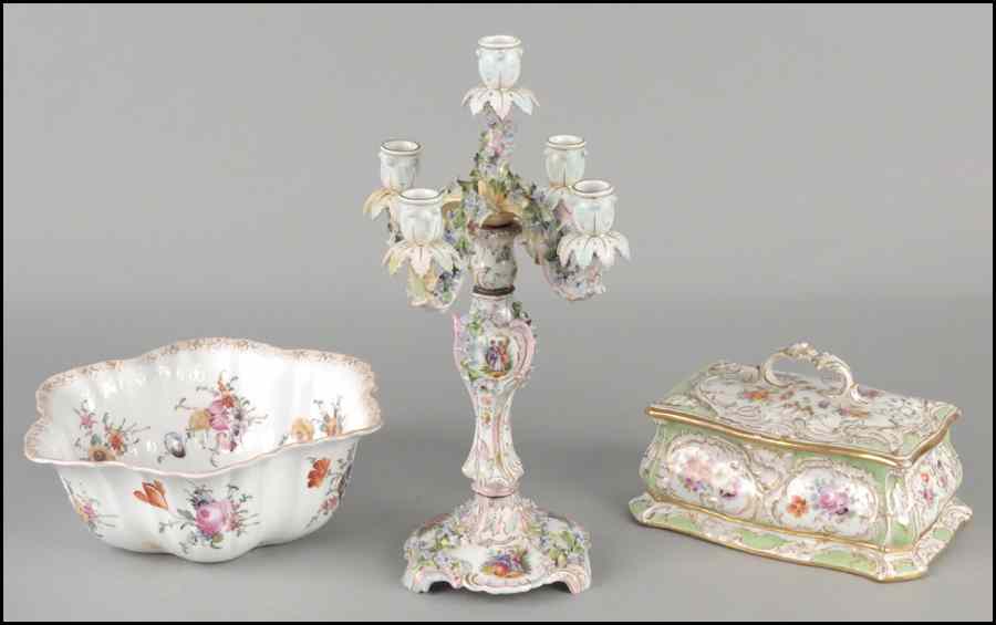 Appraisal: DRESDEN PORCELAIN THREE-LIGHT CANDELABRA Together with a Dresden porcelain bowl