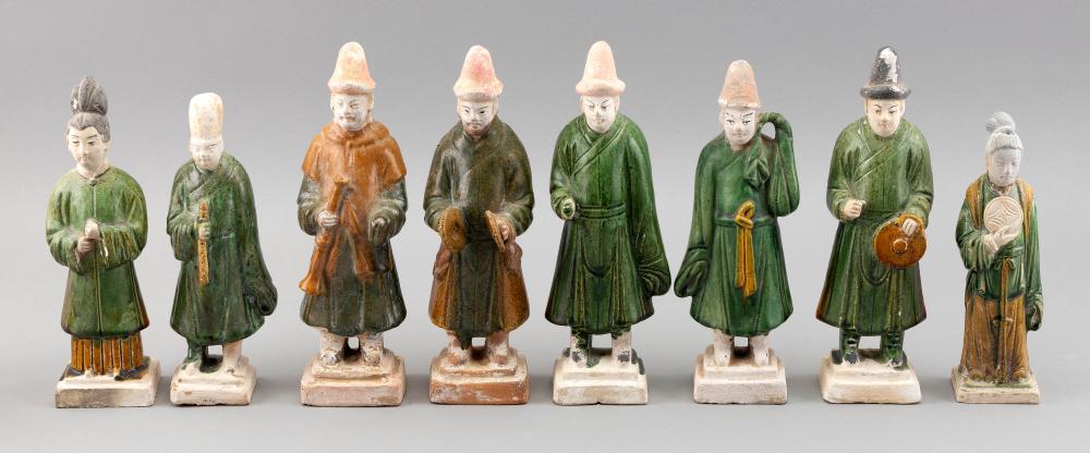 Appraisal: EIGHT CHINESE GREEN AND SANCAI GLAZE POTTERY FIGURES MING DYNASTY