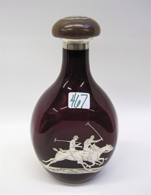 Appraisal: RUBY RED GLASS SILVER OVERLAY LIQUOR DECANTER with wood and