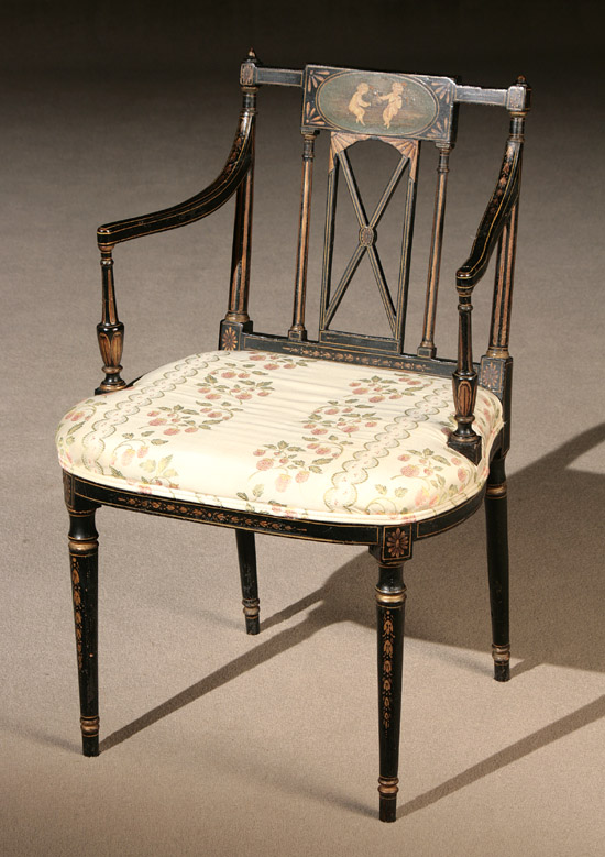 Appraisal: Regency Parcel Gilt and Decorated Black Painted Beechwood Armchair Early