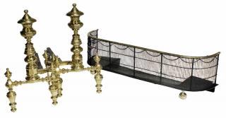 Appraisal: Pair American Classical Brass Andirons with a Brass and Wirework