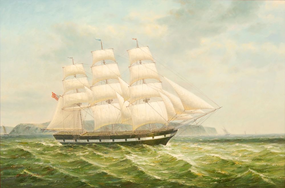 Appraisal: FRAMED PAINTING th CenturyAn American merchantman under full sail on