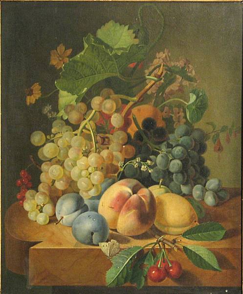 Appraisal: French School th Century A still life with grapes plums