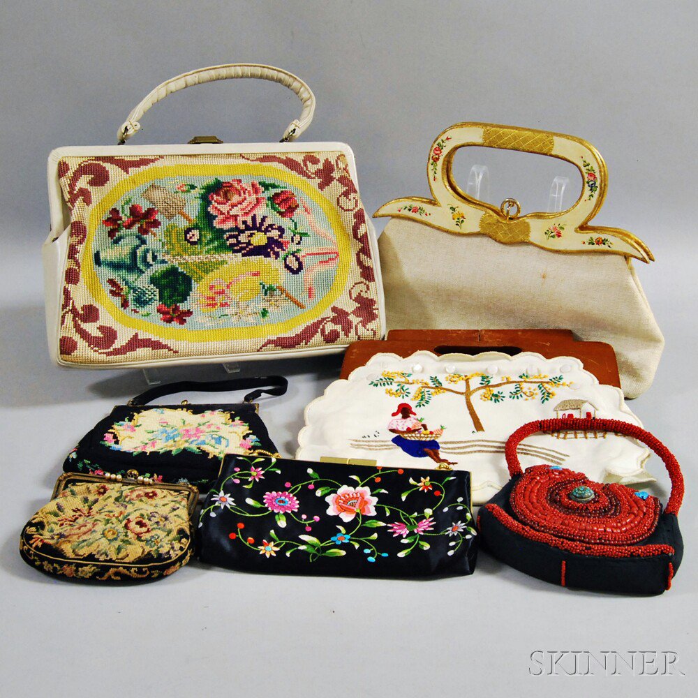 Appraisal: Seven Mostly Embroidered Handbags including a beach-themed handbag a coral-beaded