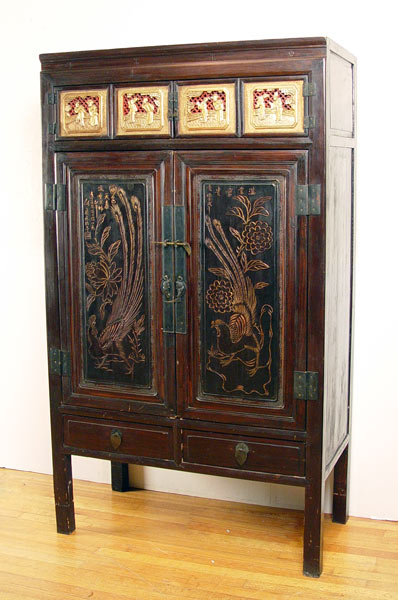 Appraisal: CARVED CHINESE CABINET Gilt and carved door cabinet Drawers across