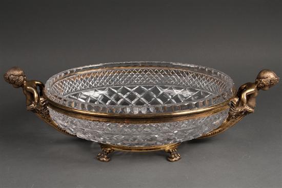 Appraisal: Continental chased brass and cut glass oblong center bowl first