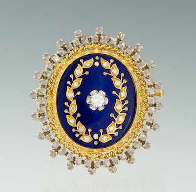 Appraisal: A Diamond and Enamel Pendant Brooch k yellow gold oval