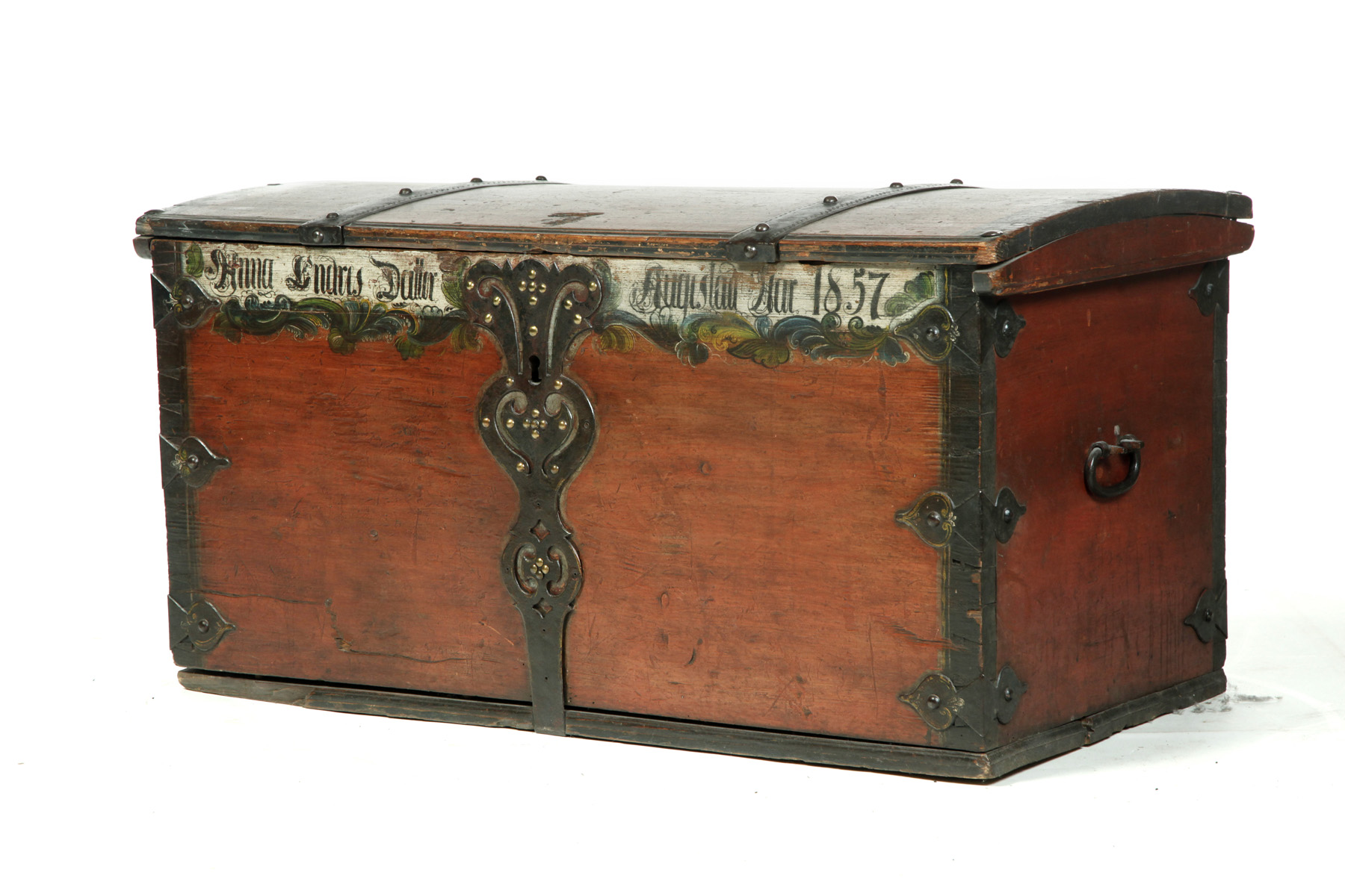 Appraisal: EUROPEAN DECORATED IMMIGRANT'S TRUNK Dated pine Dometop trunk with elaborate