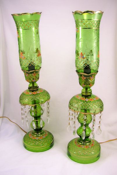 Appraisal: Pair Emerald Glass Mantle Lusters Enameled decoration Electrified Measures high