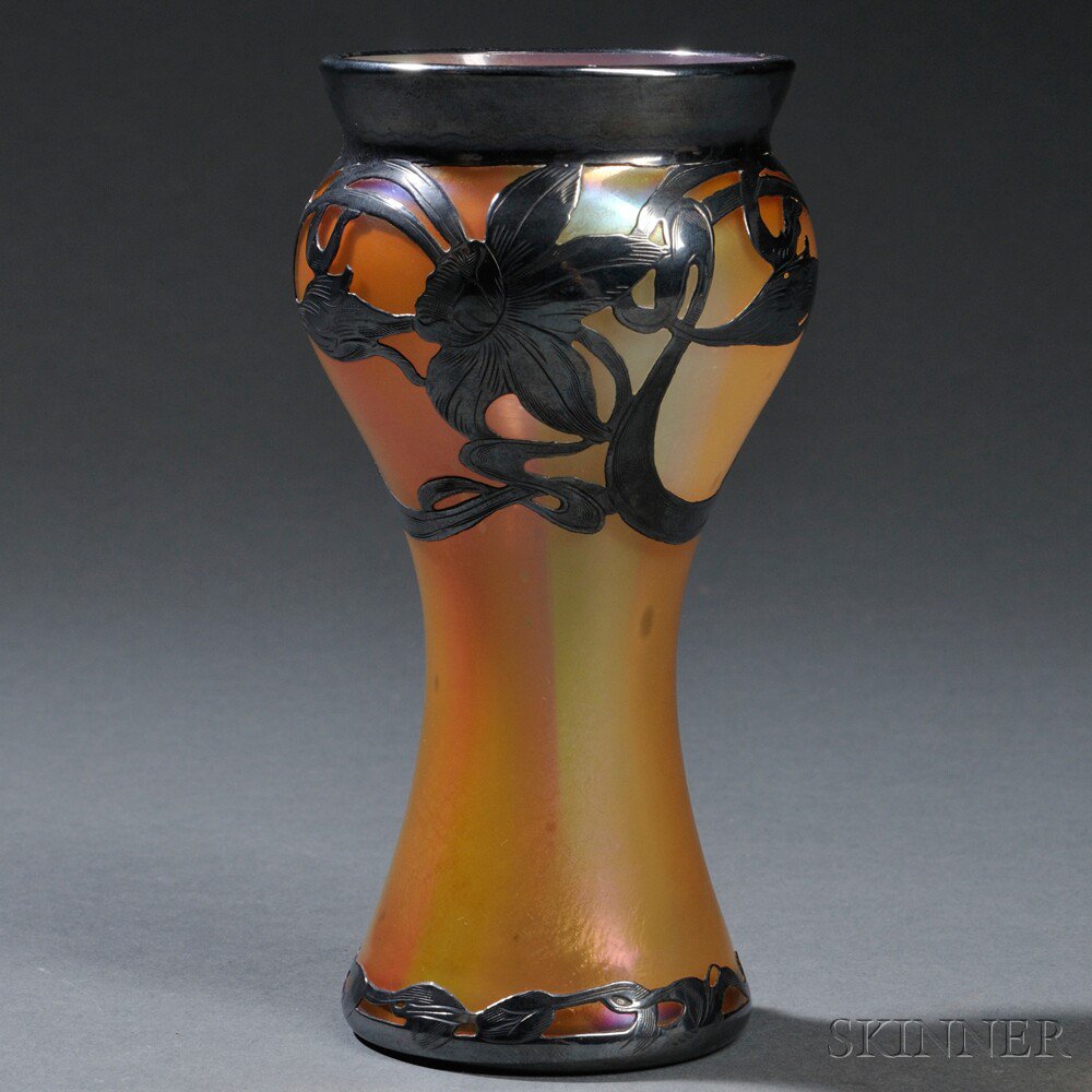 Appraisal: Gold Iridescent Vase with Silver Overlay Art glass Early th