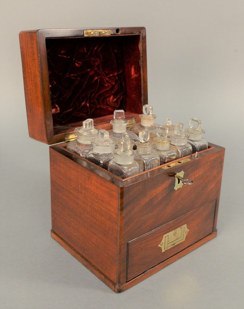 Appraisal: Mahogany Medical Apothecary Box opening to fitted interior having twelve