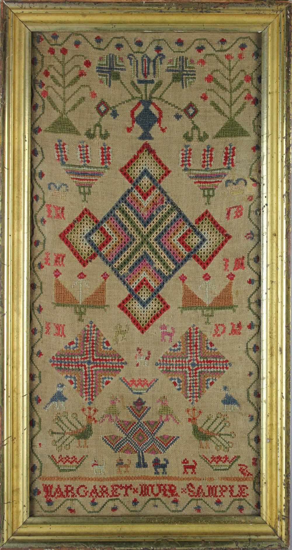 Appraisal: SCOTTISH SAMPLER SIGNED MARGARET MUIR SAMPLE TH CENTURY motifs include