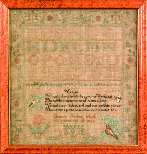 Appraisal: Silk on linen sampler dated wrought by Eleanor Parker x