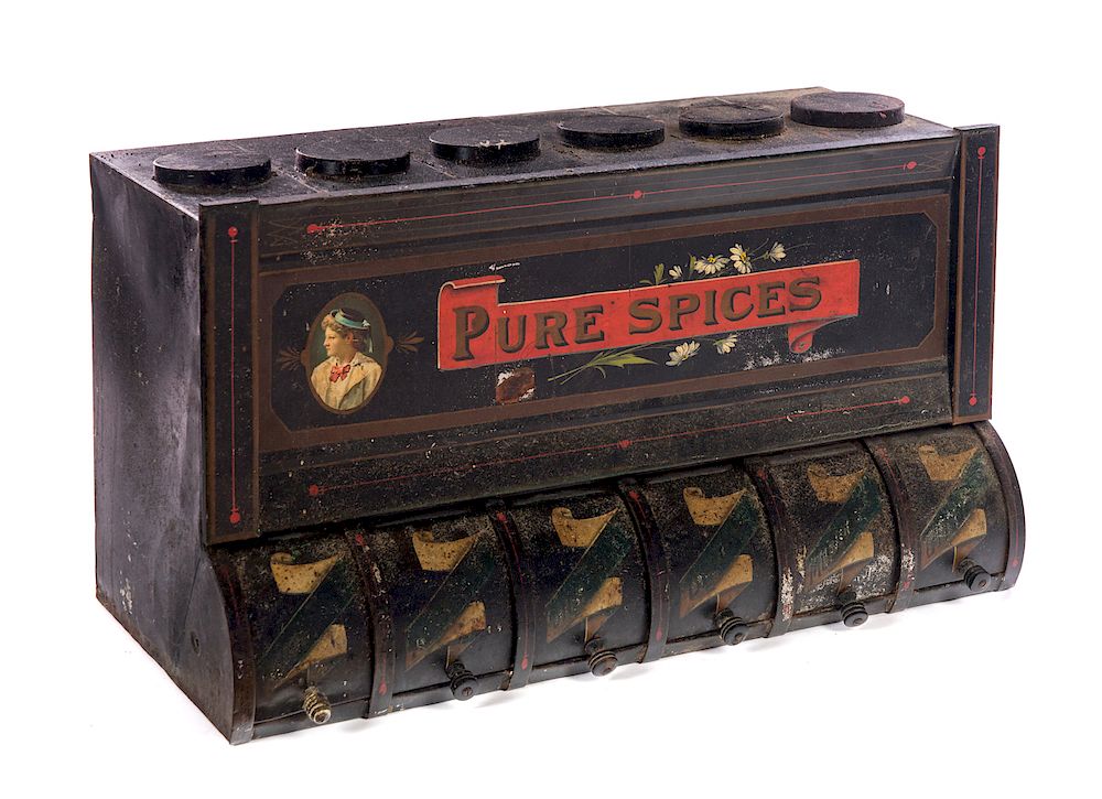 Appraisal: Pure Spices Tin General Store Dispenser Measures tall wide Good