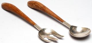 Appraisal: Mexican Sterling Silver Wood Salad Serving Set Modernist-form wood handles