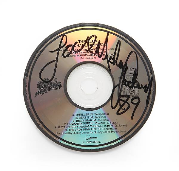 Appraisal: A Michael Jackson signed 'Thriller' compact disc Penned in black