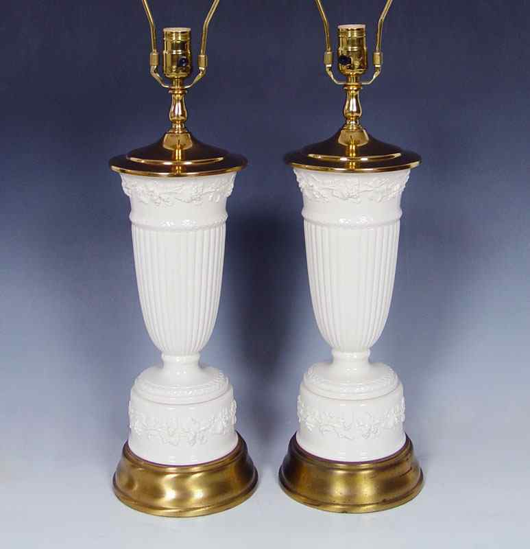 Appraisal: PAIR WEDGWOOD QUEENSWARE LAMPS Glazed cream on cream lamps measure