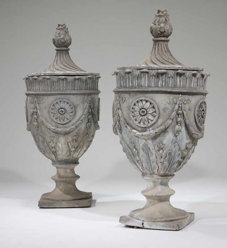 Appraisal: A pair of monumental Neoclassic style lead garden urns th