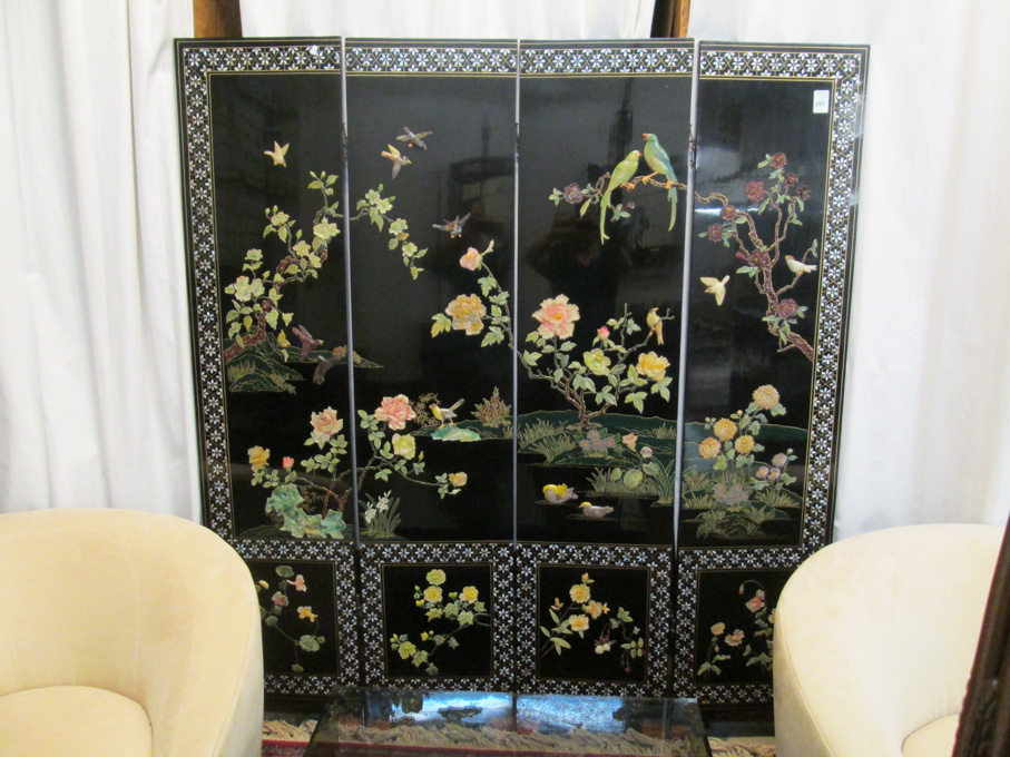 Appraisal: CHINESE FOUR-PANEL FLOOR SCREEN one side featuring a colorful carved