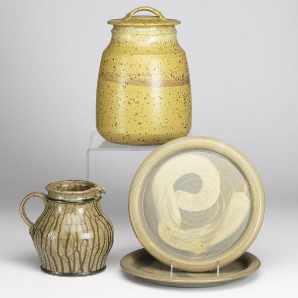 Appraisal: VAL CUSHING Four stoneware pieces covered jar pitcher and two