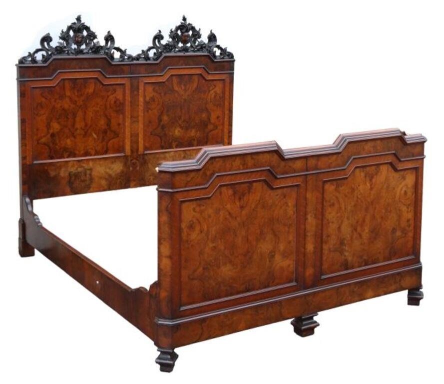 Appraisal: Louis Philippe burled walnut bed th c carved openwork crest