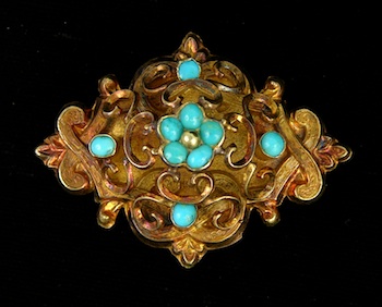 Appraisal: An Antique Gold and Turquoise Brooch Dated Three dimensional design