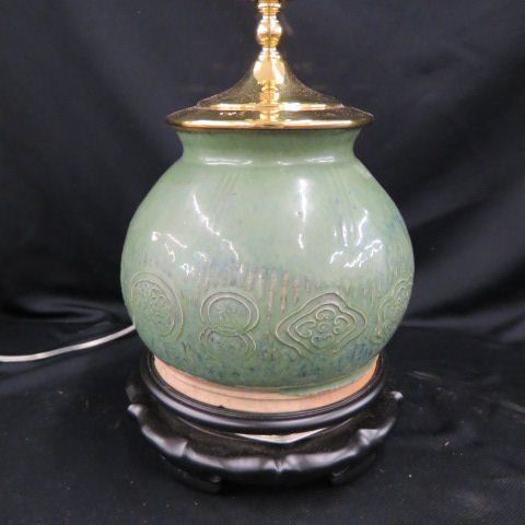 Appraisal: Chinese Pottery Lamp raised design beautiful glaze body