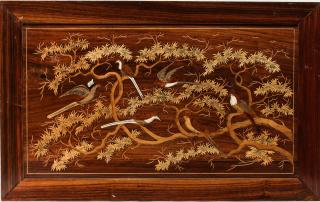 Appraisal: Framed Marquetry Wooden Panel Of various inlaid fruitwood and bone