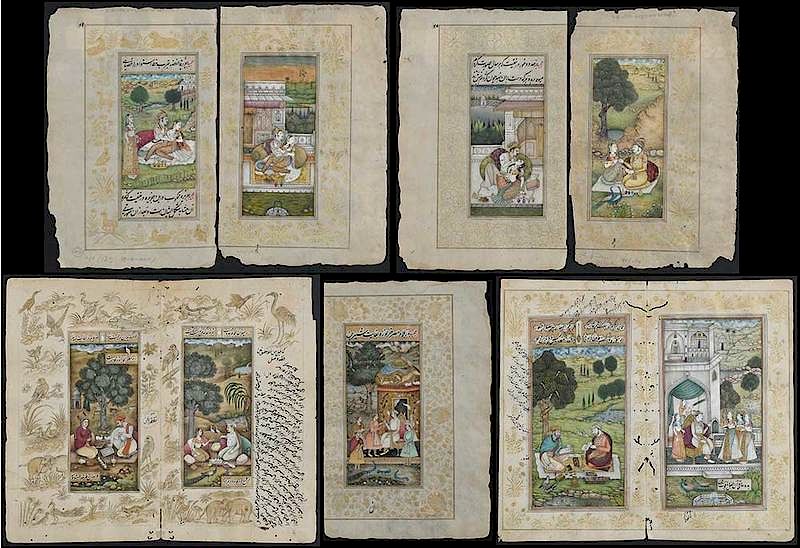 Appraisal: Nine Persian Manuscript Pages th century Six scenes depicting Lovers