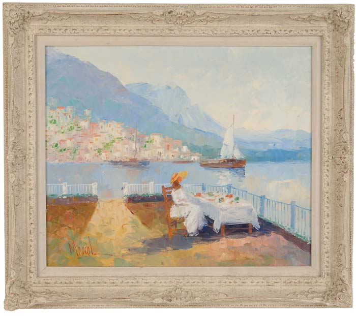 Appraisal: MANOL American th Century MORNING ON THE VERANDA Oil on