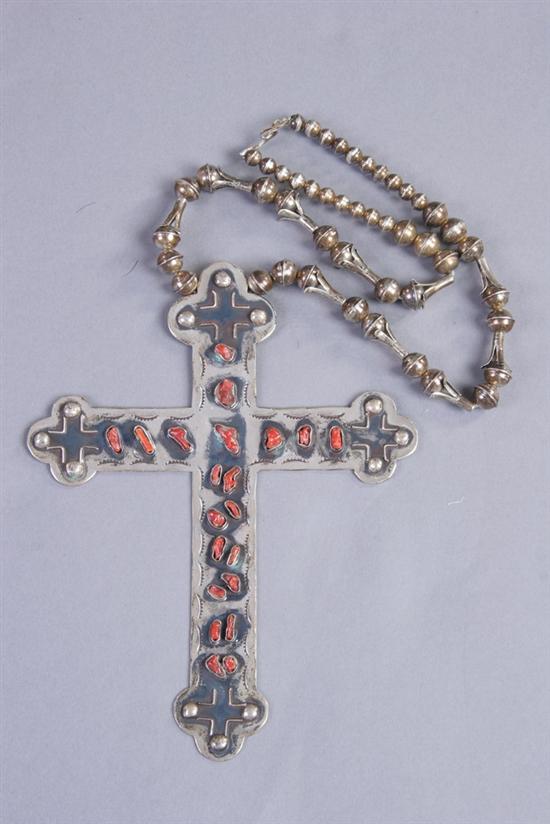 Appraisal: LARGE NAVAJO CORAL AND STERLING SILVER CROSS-FORM PENDANT NECKLACE unsigned