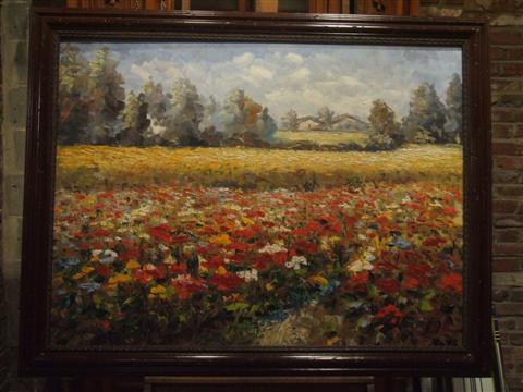 Appraisal: LANDSCAPE WITH RED AND YELLOW FLOWERS Oil on canvas x