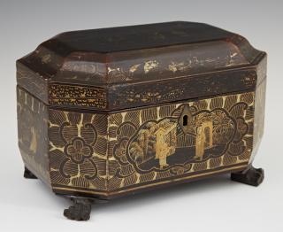 Appraisal: Chinese Gilt Decorated Black Lacquer Octagonal Tea Box early th