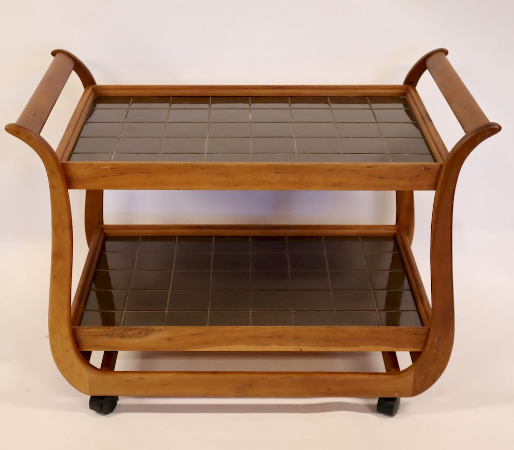 Appraisal: MIDCENTURY Teak T Cart With Tile Tops From the New