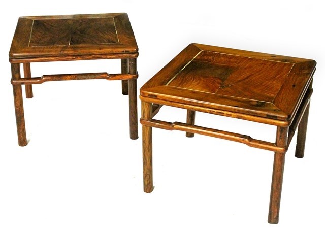 Appraisal: A pair of Chinese huanghuali square occasional tables on turned