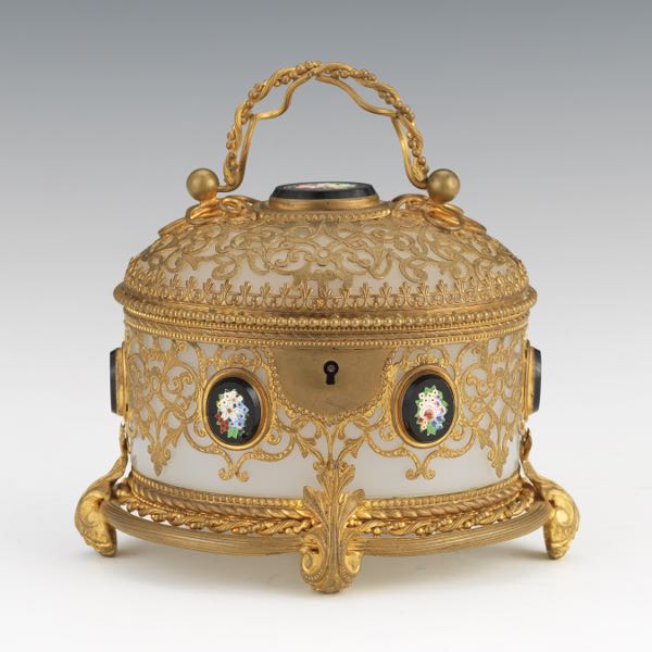 Appraisal: GILT BRONZE AND GLASS DRESSER BOX WITH MICRO-MOSAIC DETAILS x