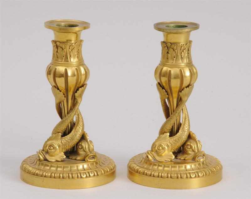 Appraisal: PAIR OF LOUIS XVI STYLE GILT-BRONZE CANDLESTICKS IMPRESSED MILLET Each