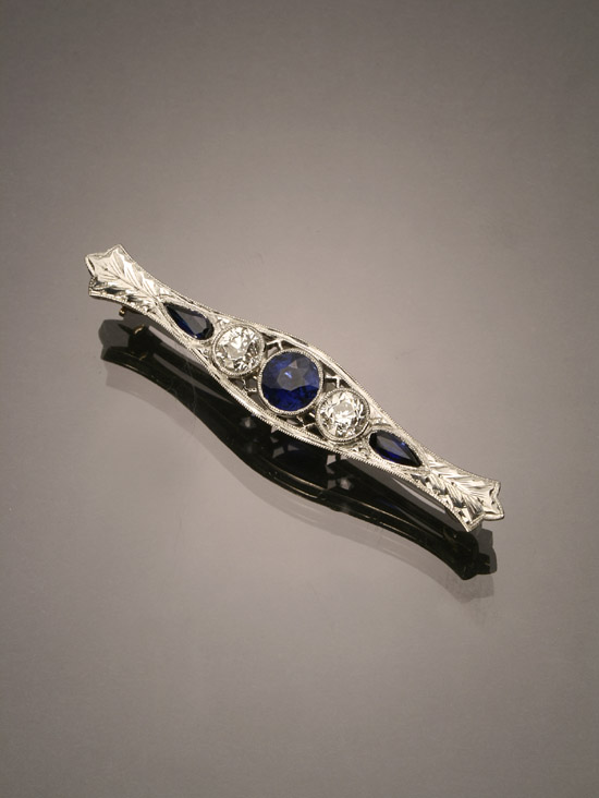 Appraisal: Art Deco Platinum Diamond Natural and Synthetic Blue Sapphire Bar