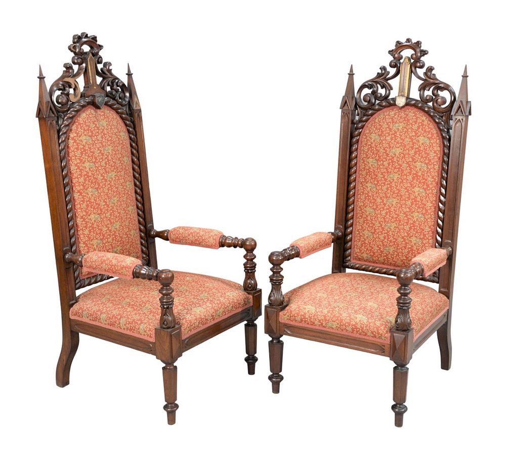 Appraisal: Pair of Gothic Style Walnut Armchairs each with silver plaque