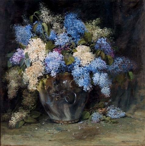 Appraisal: WILLIAM HUBACEK American - Still life of blue purple and