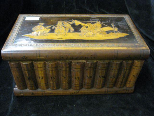 Appraisal: Victorian Inlaid Wooden Box faux book front festive scene on