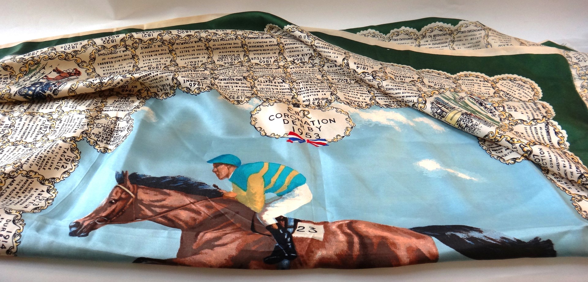 Appraisal: A silk Derby scarf commemorating the Victory of Pinza in