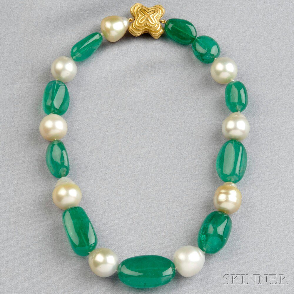 Appraisal: Emerald and Baroque South Sea Pearl Necklace Christopher Walling of