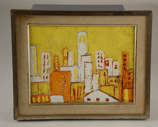 Appraisal: Virginia Fitch Orange and Yellow Abstract Cityscape Artist's Board H