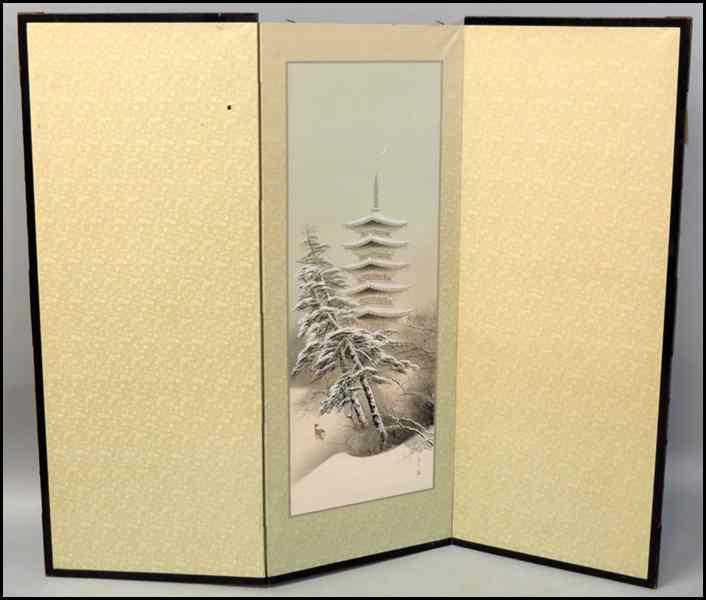 Appraisal: JAPANESE PAINTED THREE-PANEL SCREEN '' x '' panel Condition No