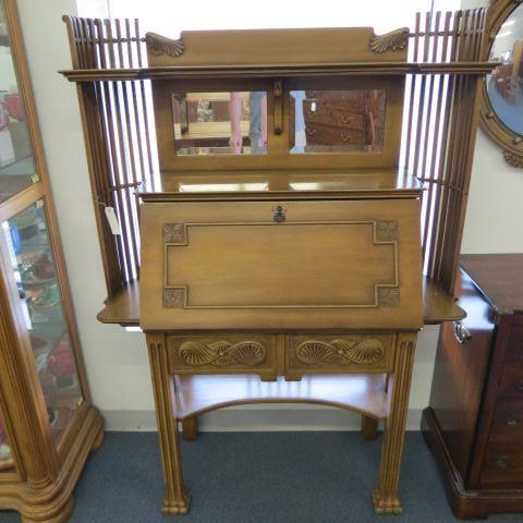 Appraisal: Unusual Dropfront Desk mirrored back fancy shelves stick and ball