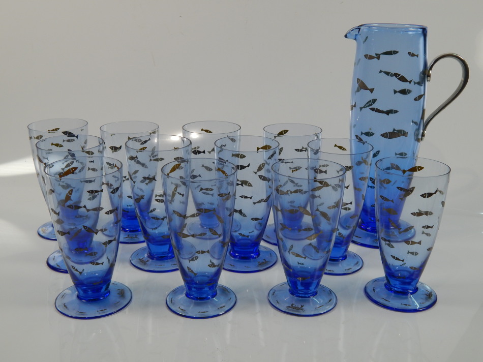 Appraisal: A Nick Munro blue glass water set comprising jug and