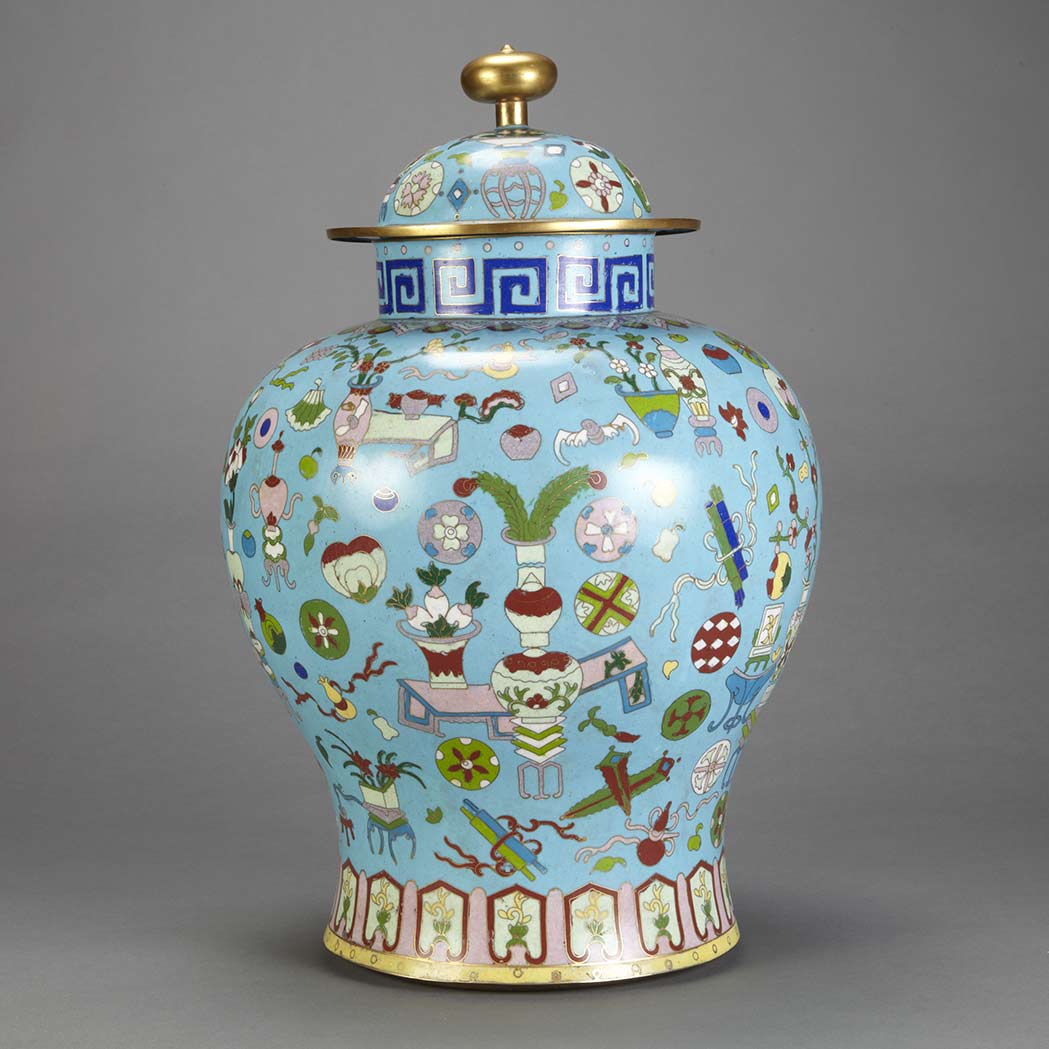 Appraisal: Chinese Cloisonne Enamel Covered Jar th Century Decorated with auspicious