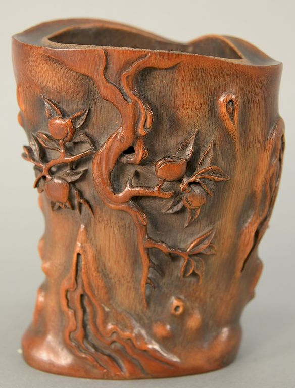 Appraisal: Chinese bamboo brush pot with three dimensional carved peach trees