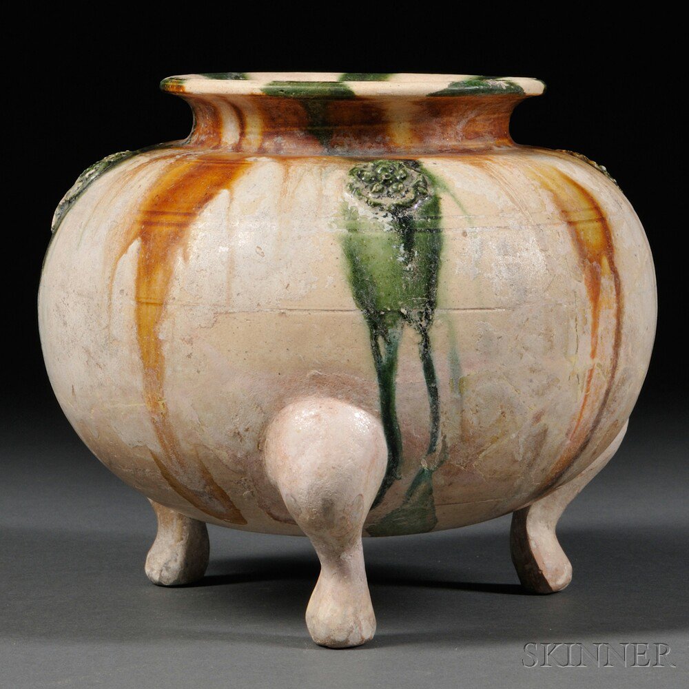 Appraisal: Molded Sancai Tripod Jar China Tang Dynasty style of compressed